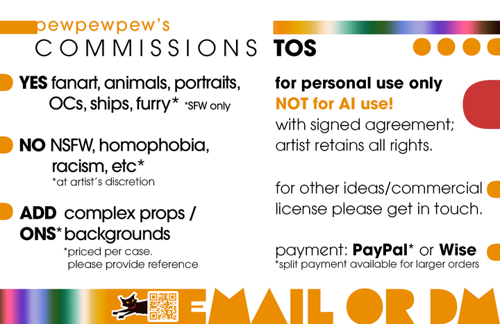 For personal use only, NOT for AI use of any kind, in any capacity! Stylized blocky painting, full/half body/portrait, simple background and/or props. 40β¬, extra character 20β¬. TOS apply. Get in touch through email or DM! Can't wait to hear from you! Pew